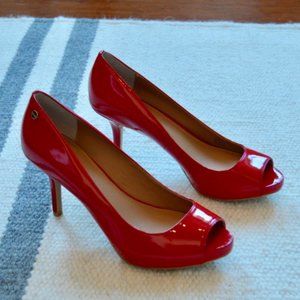 Calvin Klein Red Peep Toe Patent Heels Size 7.5 | US7.5